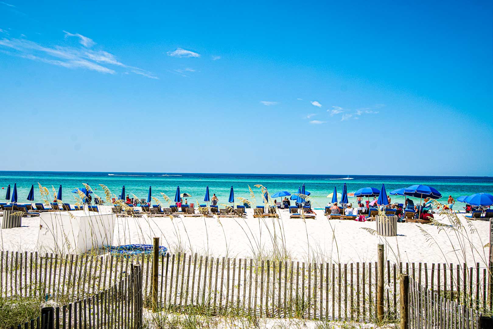 A scenic view of the beach from VRI's Landmark Holiday Beach Resort in Panama City, Florida.